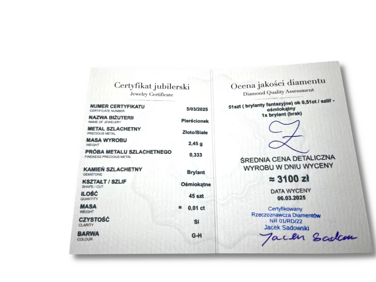 PIERŚCIONEK P:333 W:2,45G R:18 BRYLANT 45SZT B.FANTAZYJNY 51SZT CERTYFIKAT
