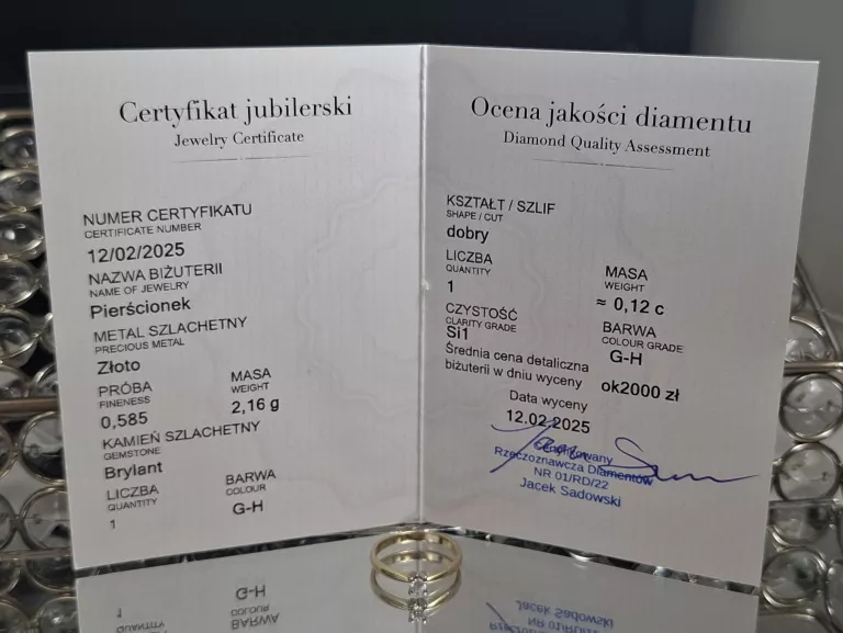 ZŁOTY PIERŚCIONEK 585 2,16G R.13 BRYLANTY 1SZT 0,12CT
