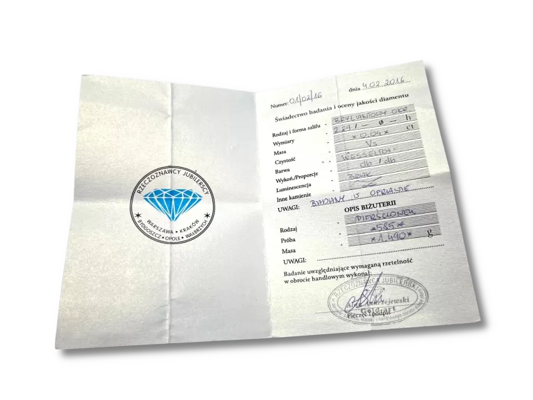 ZŁOTY PIERŚCIONEK P:585 W:1,5G R:10 BRYLANT 1SZT 0,04CT CERTYFIKAT