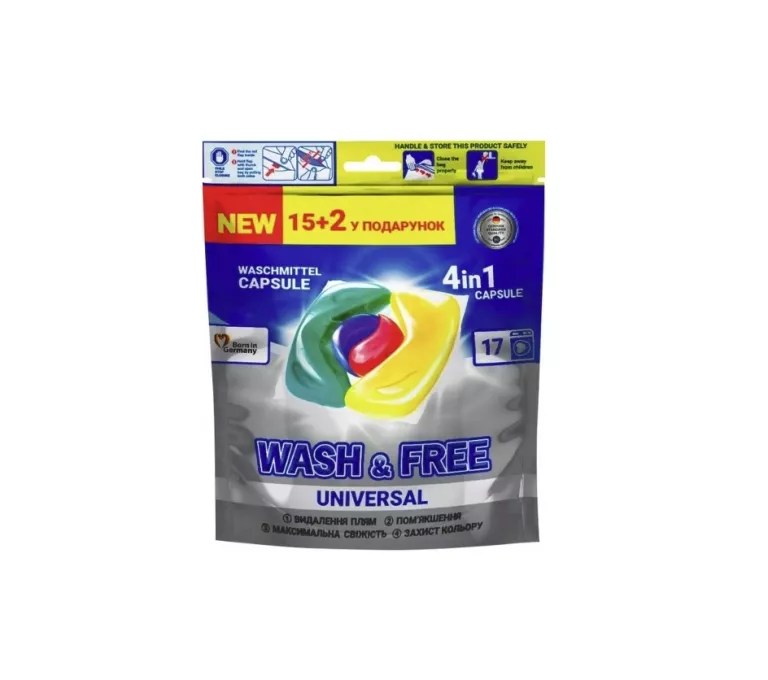 WASH&FREE KAPSUŁKI DO PRANIA UBRAŃ 4IN1 UNIWERSALNE NIEBIESKIE 17 SZTUK