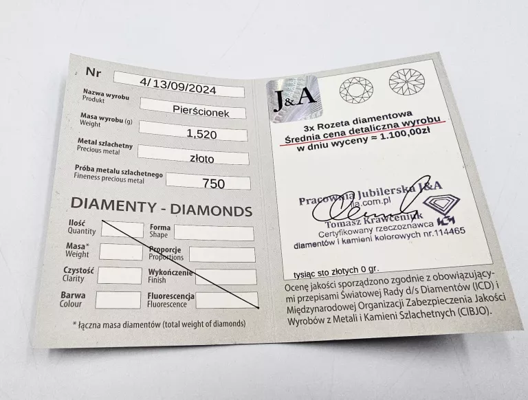 ZŁOTY PIERŚCIONEK Z DIAMENTAMI 1,52GR, P.750 + CERTYFIKAT