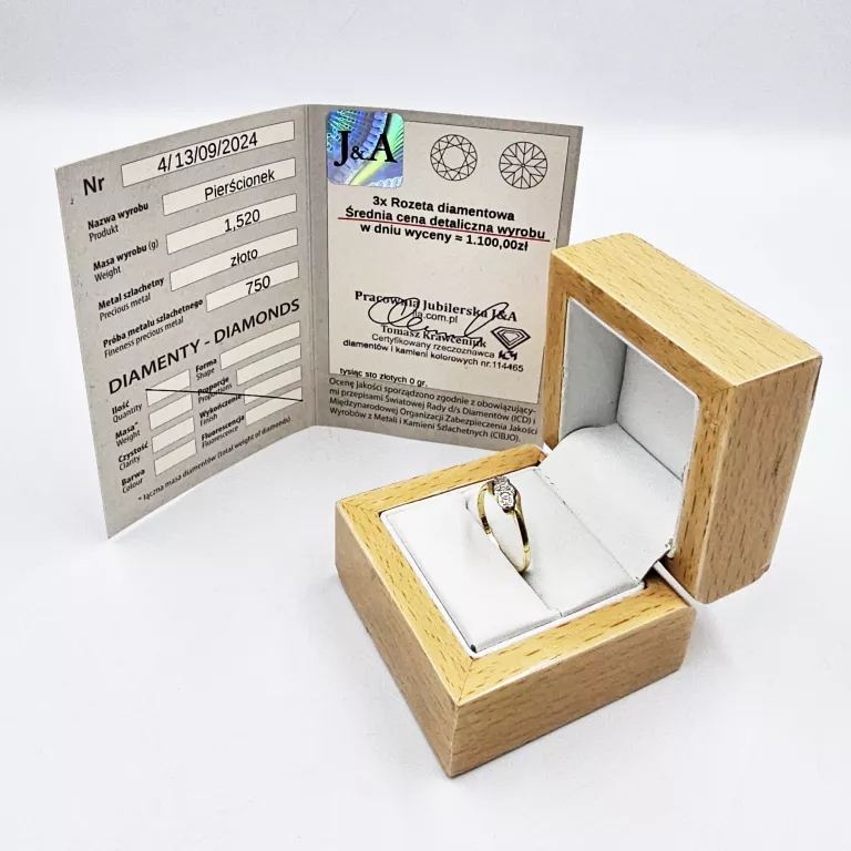 ZŁOTY PIERŚCIONEK Z DIAMENTAMI 1,52GR, P.750 + CERTYFIKAT