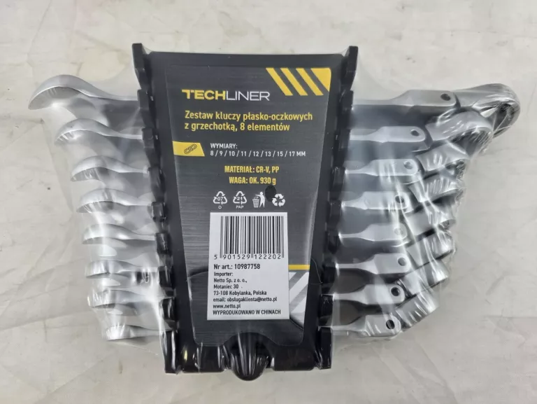 TECHLINER ZESTAW KLUCZY PŁASKO OCZKOWYCH Z GRZECHOTKA 8 EL.
