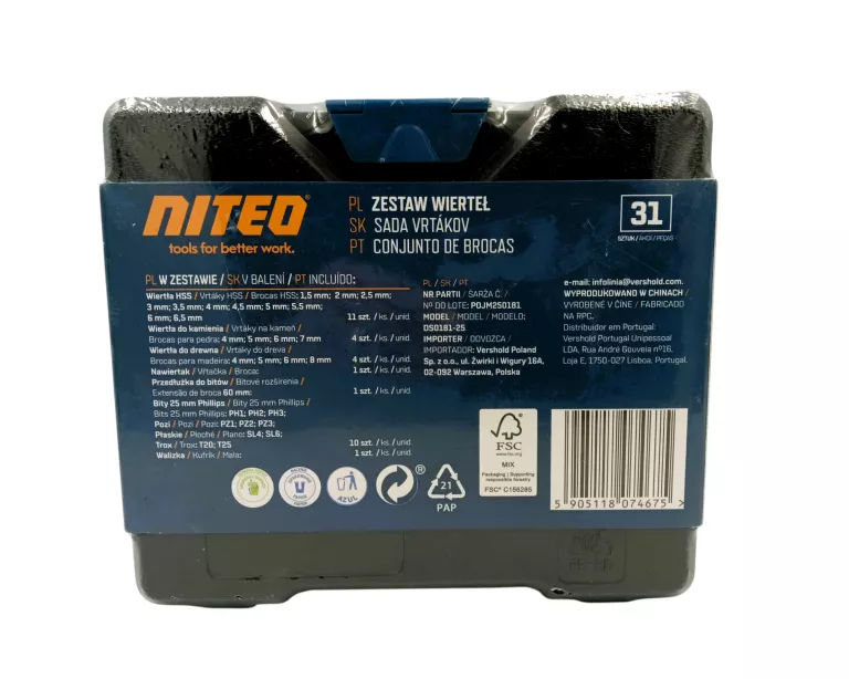 NITEO ZESTAW WIERTEŁ METAL, DREWNO, KAMIEŃ 31 SZT