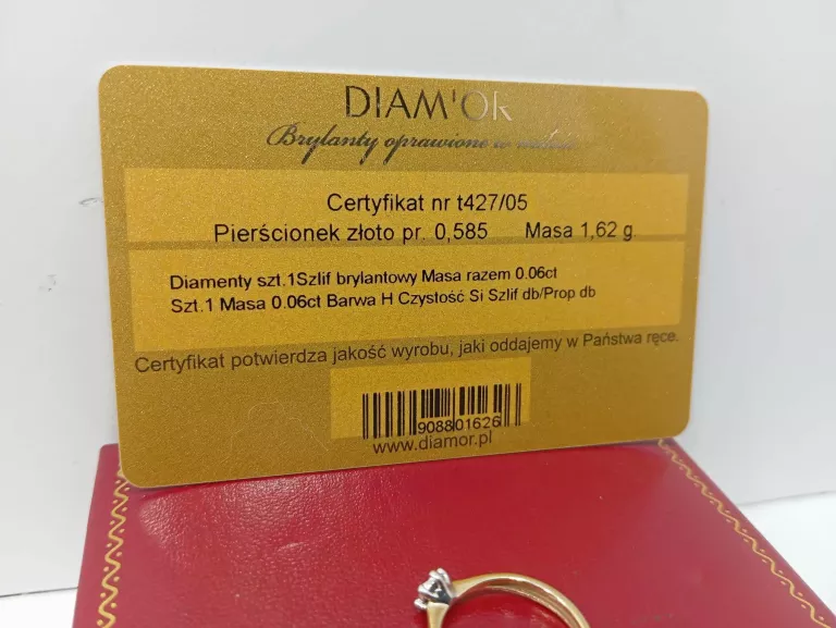 ZŁOTY PIERŚCIONEK Z DIAMENTEM 1,43G/585 CERT