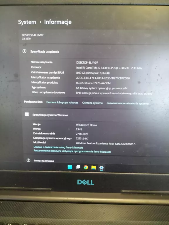 LAPTOP DELL G3 15 INTELCORE I5-8GEN GTX 1050 8/256GB WIN 11 ZASILACZ