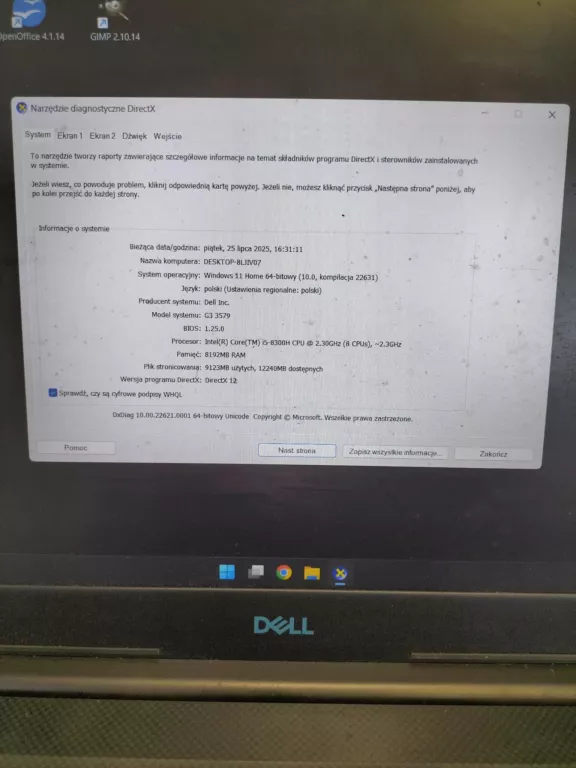 LAPTOP DELL G3 15 INTELCORE I5-8GEN GTX 1050 8/256GB WIN 11 ZASILACZ