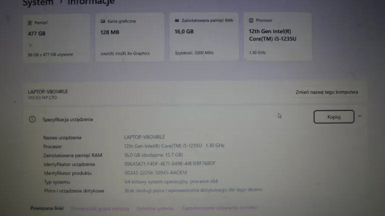 LAPTOP LENOVO V15 G3 I5-1235U/16GB/500GB SSD/IRIS XE/WIN11 Z DEFEKTEM