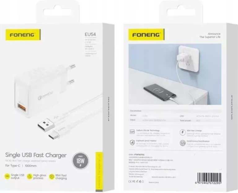 ŁADOWARKA FONENG EU54 USB-A (3A) TYPE-C 18W QC30