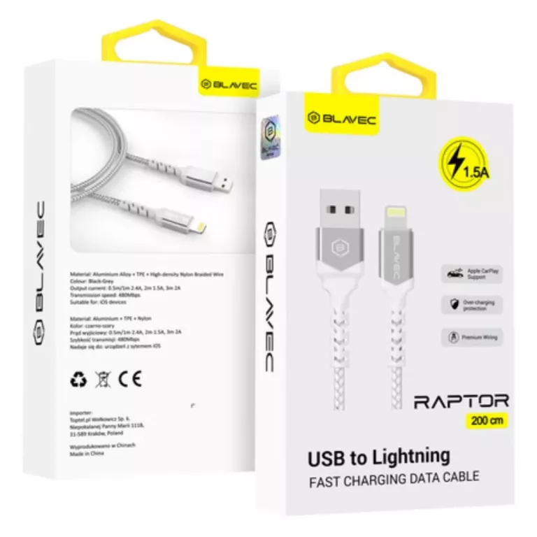 BLAVEC KABEL USB NA LIGHTNING 1,5A 2 METRY APPLE CARPLAY (CRA-UL15WS20)
