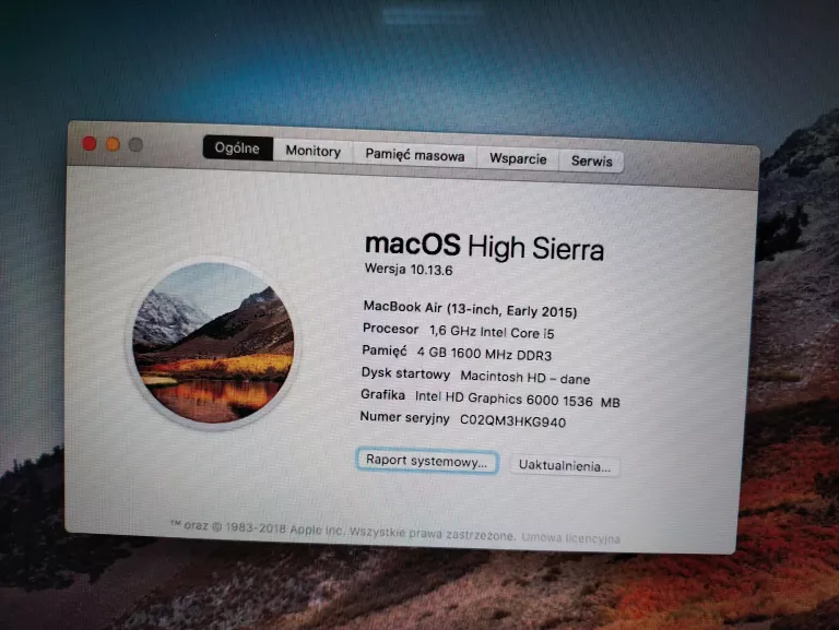 LAPTOP MCBOOK AIR 7,2 APPLE A1466 2GB RAM + ŁADOWARKA WERSJA JĄDRA DARWIN