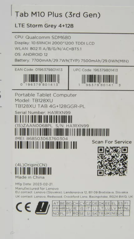 TABLET LENOVO TAB M10 PLUS 3RD GEN TB128XU IGŁA PUD