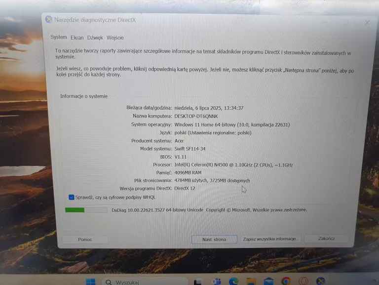 LAPTOP ACER SWIFT 1 SF114-34 14 " INTEL CELERON 4 GB / 128 GB SREBRNY
