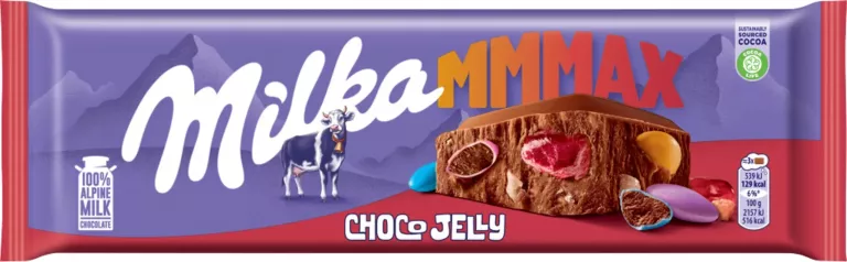 MILKA MMMAX CZEKOLADA MLECZNA CHOCO JELLY 250 G Z CUKIERKAMI STRZELAJĄCYMI