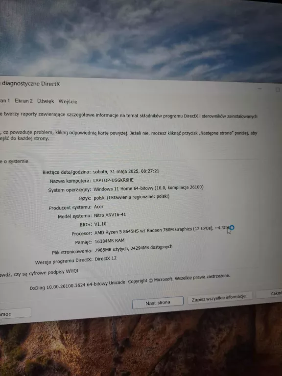 LAPTOP ACER NITRO V16 AMD RYZEN 5 WIN11 16/512GB +ZASILACZ [250331013]