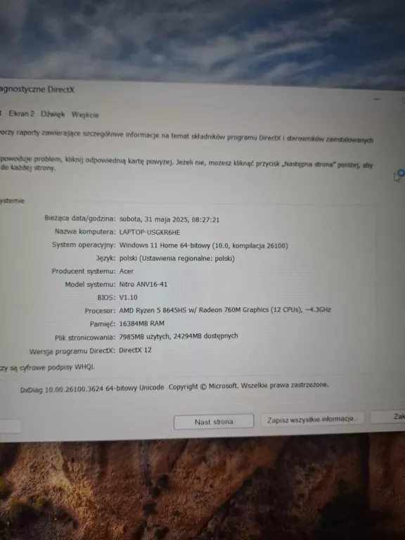 LAPTOP ACER NITRO V16 AMD RYZEN 5 WIN11 16/512GB +ZASILACZ [250331013]