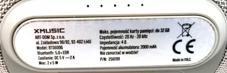 GŁOŚNIK MOBILNY XMUSIC BTS600G USB SD SZARY