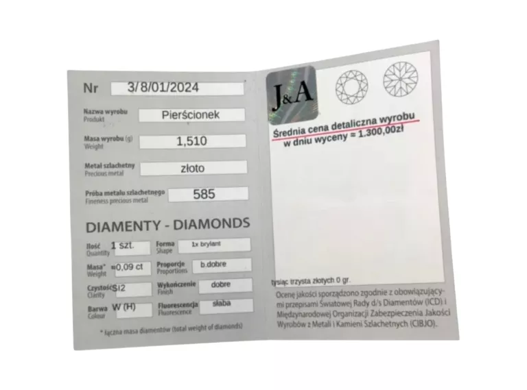 ZŁOTY PIERŚCIONEK Z BRYLANTEM 1,51G 585 R:12