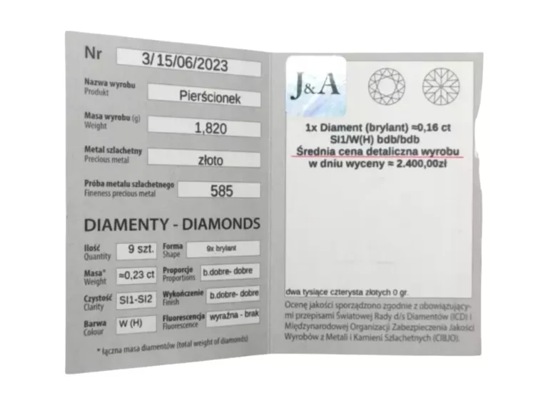ZŁOTY PIERŚCIONEK Z BRYLANTAMI 1,82G 585 R10