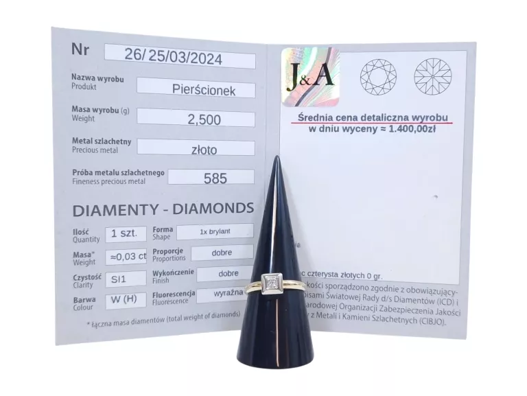 PIĘKNY ZŁOTY PIERŚCIONEK Z DIAMENTEM 585 14K 2,50G R16 W(H) SI1 0,03CT