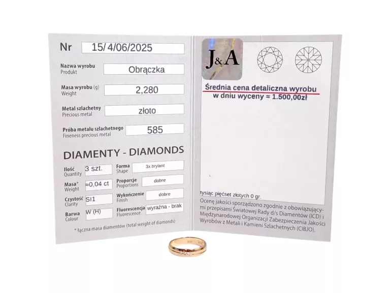 ZŁOTY PIERŚCIONEK OBRĄCZKA Z BRYLANTAMI 2,28G 585 14K R9 0,04CT 3SZT