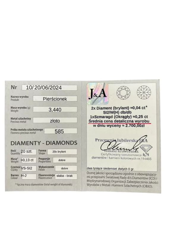 ZŁOTY PIERŚCIONEK Z BRYLANTAMI I SZMARAGDEM 585 3,40G R. 13,5