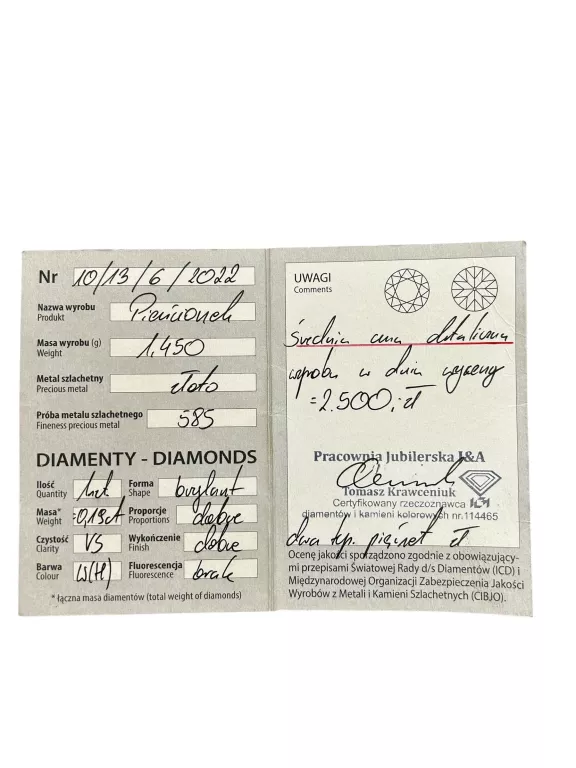 SUBTELNY ZŁOTY PIERŚCIONEK BRYLANT 1,45G/585/R.8