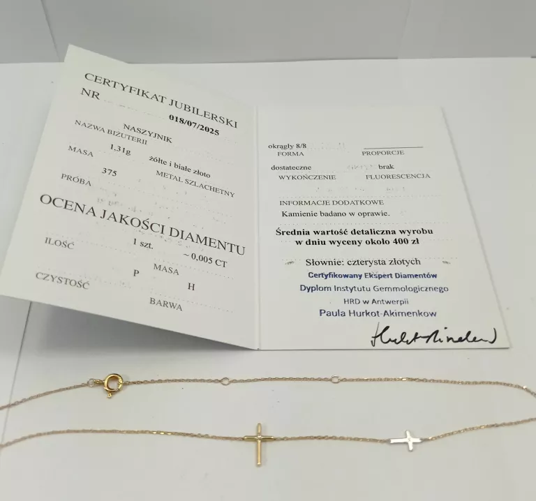 ZŁOTY ŁAŃCUSZEK Z KRZYŻYKAMI I BRYLANTEM W:1,31G 0,005CT D:46CM P:375