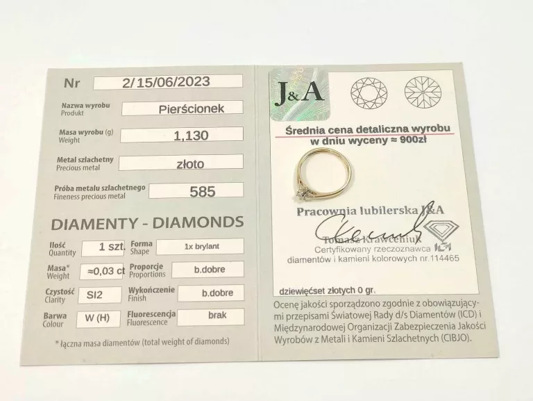 PIERŚCIONEK ZARĘCZYNOWY Z BRYLANTEM 1,13G 585 R8