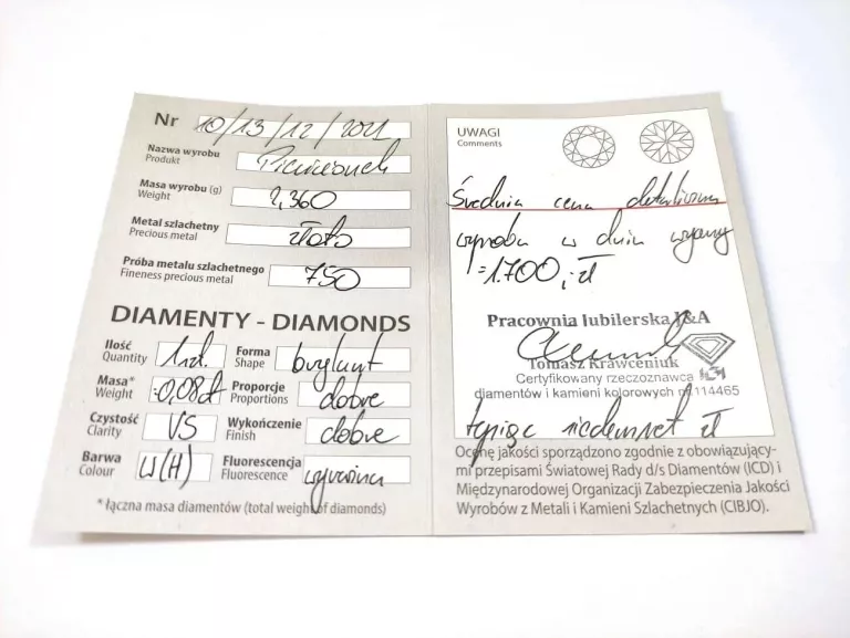 ZŁOTY PIERŚCIONEK Z BRYLANTEM 0,08CT 750 2,4G R14