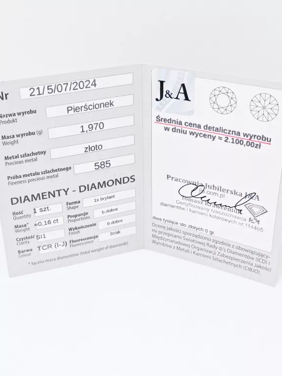 ZŁOTY PIERŚCIONEK 1X BRYLANT 0,16CT 585 1,97G ROZMIAR 15