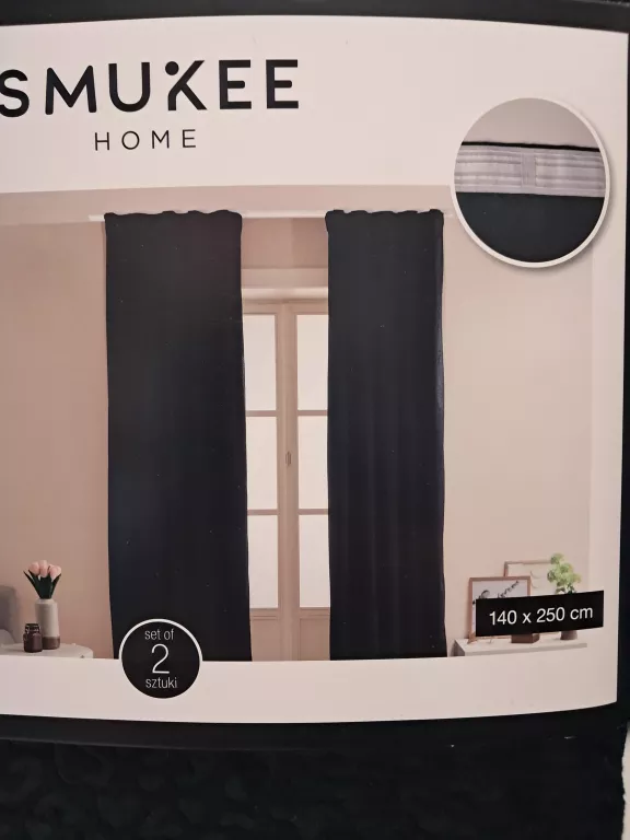 ZASŁONY CZARNE SMUKEE NA TAŚMIE OZDOBNE 140 X 250 CM