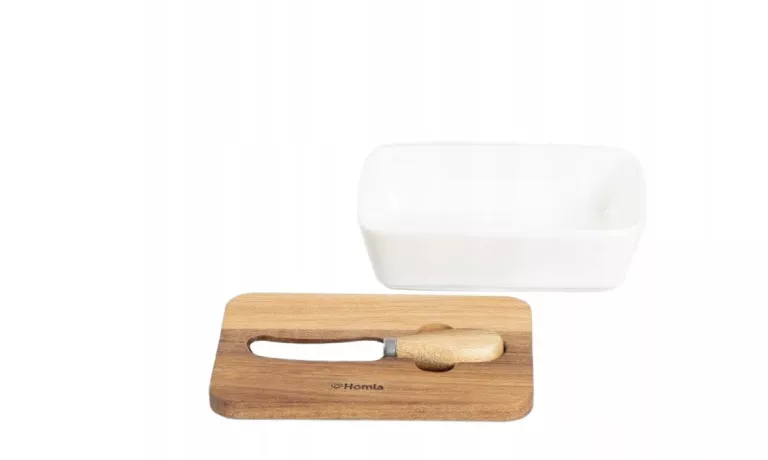 MASELNICZKA MOOKA PORCELANOWA Z NOŻYKIEM I AKACJOWĄ POKRYWKĄ BIAŁA 11X16 C