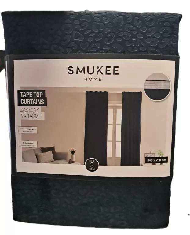 ZASŁONY CZARNE SMUKEE NA TAŚMIE OZDOBNE 140 X 250 CM