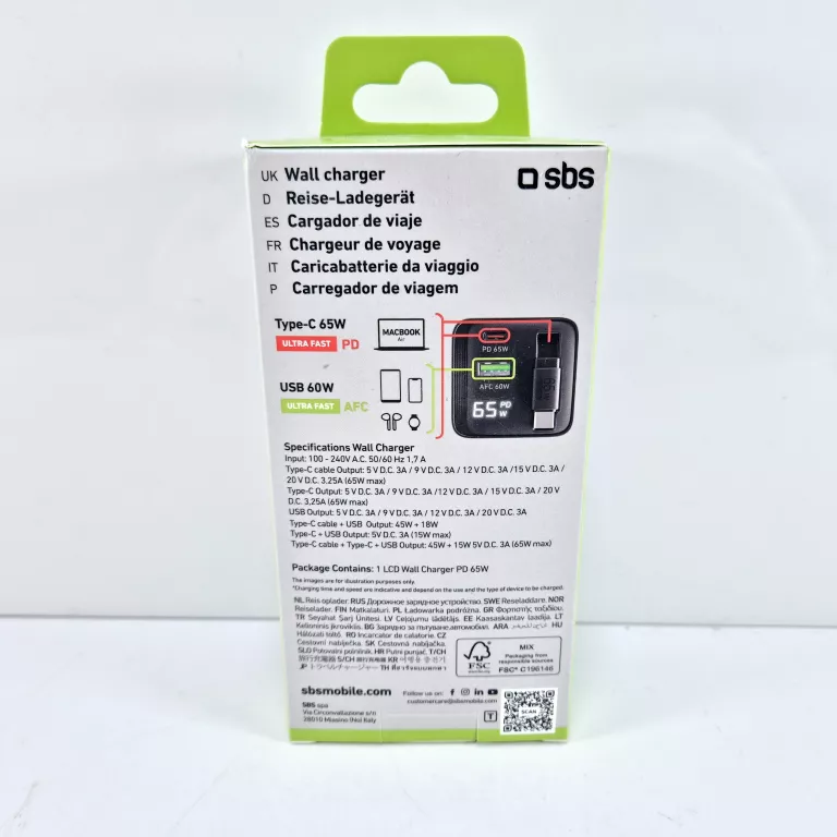 ŁADOWARKA SIECIOWA SBS WALL GAN 65W LCD USB / USB-C + KABEL USB-C