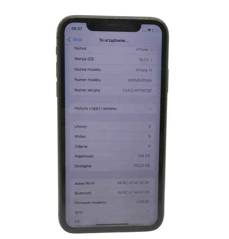 TELEFON IPHONE 11 128GB BATERIA SERWIS 76%+ PUDEŁKO