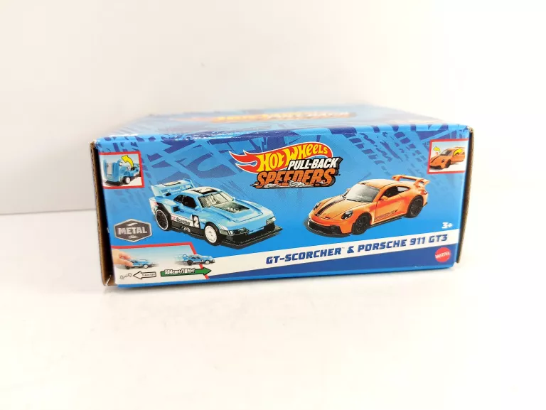 HOT WHEELS PULL-BACK SPEEDERS ZESTAW 2 AUT GT-SCORCHER & PORSCHE 911 GT3