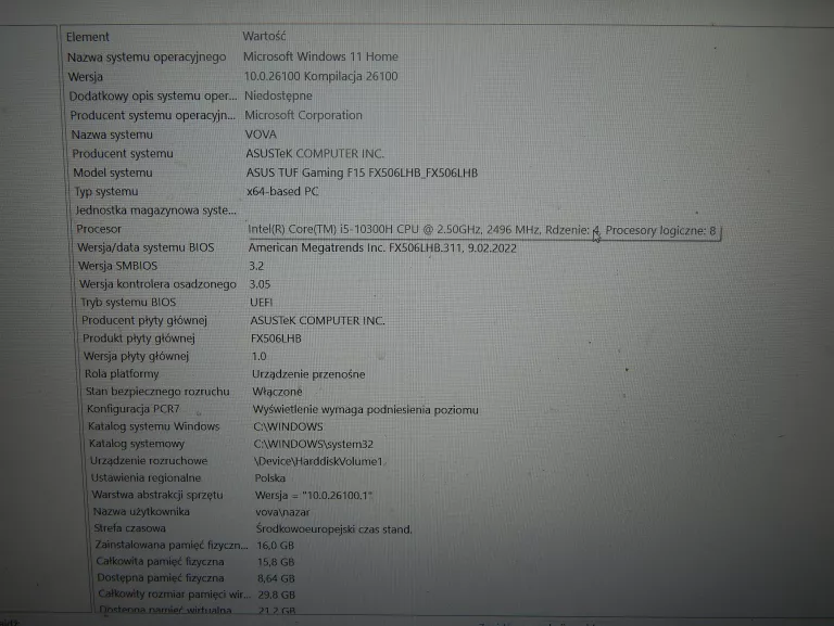 LAPTOP ASUS TUF GAMING F15 FX506L