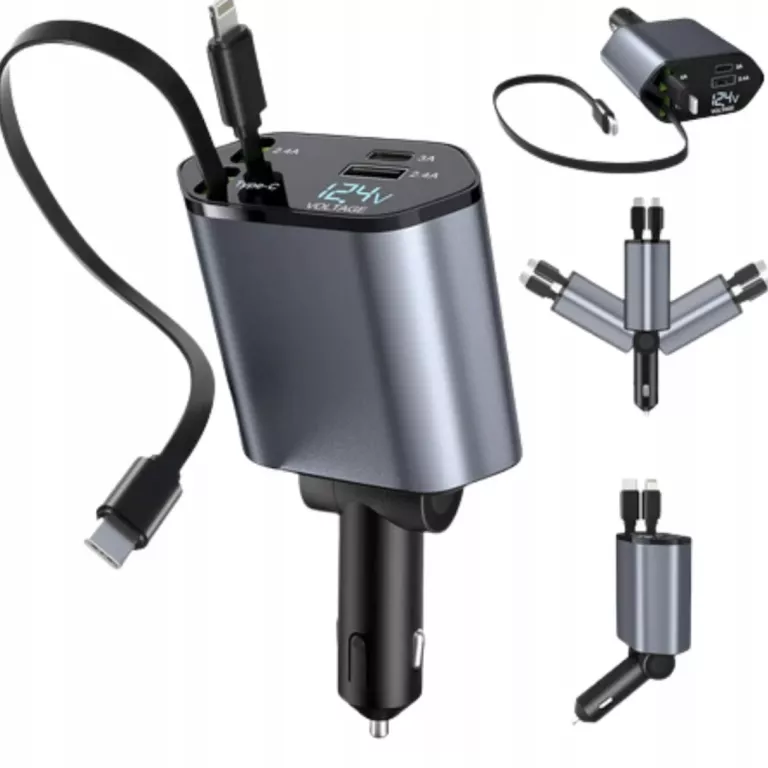 ŁADOWARKA SAMOCHODOWA 4W1 USB C PRZEBUG ZWIJAK 120W
