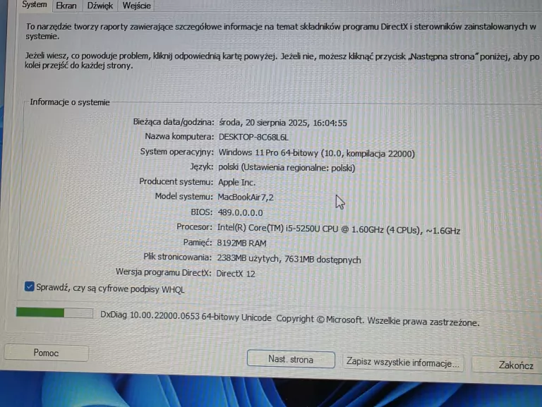 LAPTOP MACBOOK AIR 2015 A1466 13'' I5-5250U/8GB RAM/SSD 256GB/WIN11 PRO **