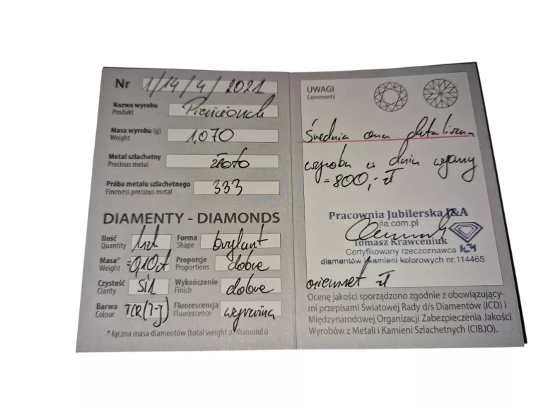 DROBNY ZŁOTY PIERŚCIONEK Z BRYLANTEM PR. 333 R. 13