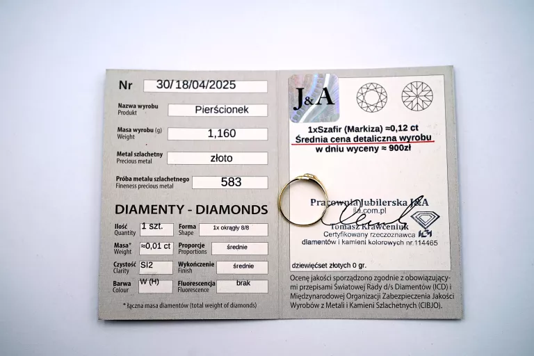 ZŁOTY PIERŚCIONEK - Z DIAMENTEM I SZAFIREM - PR: 583 1.16G R: 16 14K