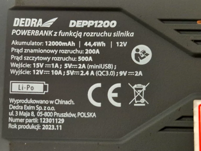 POWERBANK Z FUNKCJĄ ROZRUCHU DEDRA DEPP1200 12000MAH