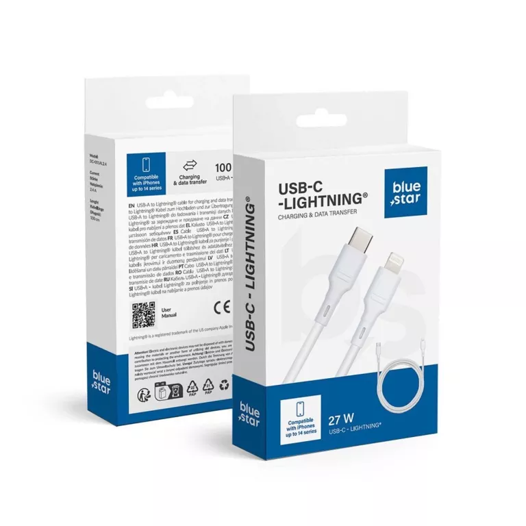 KABEL USB C DO LIGHTNING BLUE STAR 2,4A 27W 1M BIAŁY