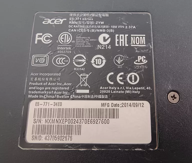 LAPTOP ACER 17" E5-771 I3-4005U 4GB 1TB