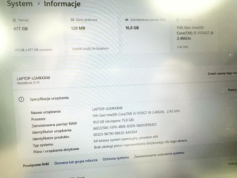 LAPTOP HUAWEI MATEBOOK D15 RAM 16 GB/512 GB INTEL CORE I5