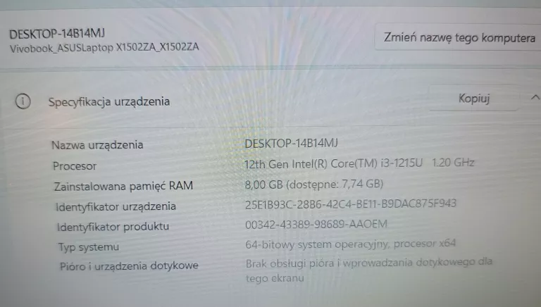 LAPTOP ASUS X1502ZA I3-1215U 8GB 256GB SSD W11