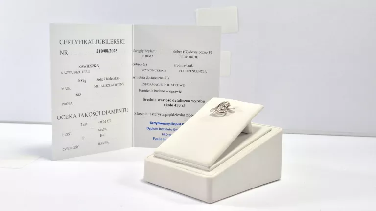 ZŁOTA ZAWIESZKA Z BRYLANTAMI 0,01CT 585 0,88G 14K CERTYFIKAT