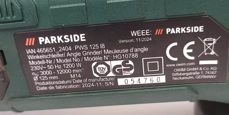 SZLIFIERKA KĄTOWA PARKSIDE PWS 125 I8 / KOMPLET