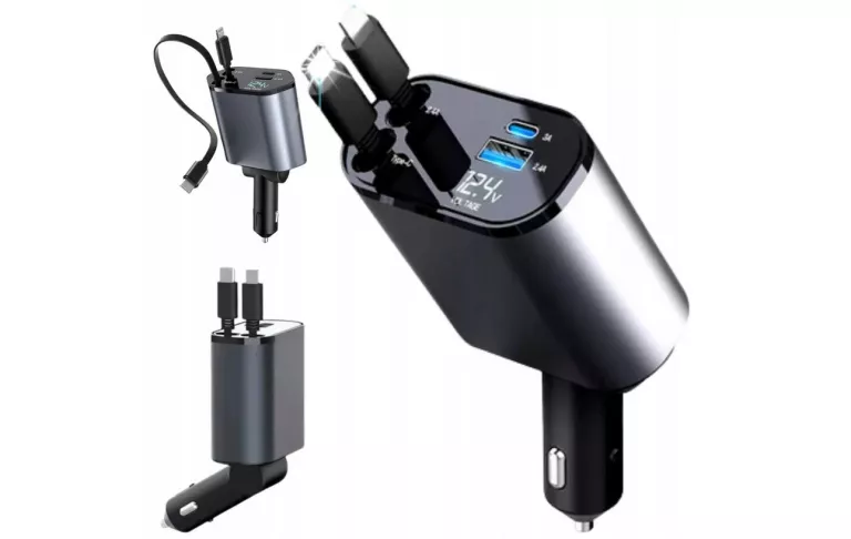 ŁADOWARKA SAMOCHODOWA 4W1 USB C PRZEBUG ZWIJAK 120W SZYBKIE ŁADOWANIE KABE